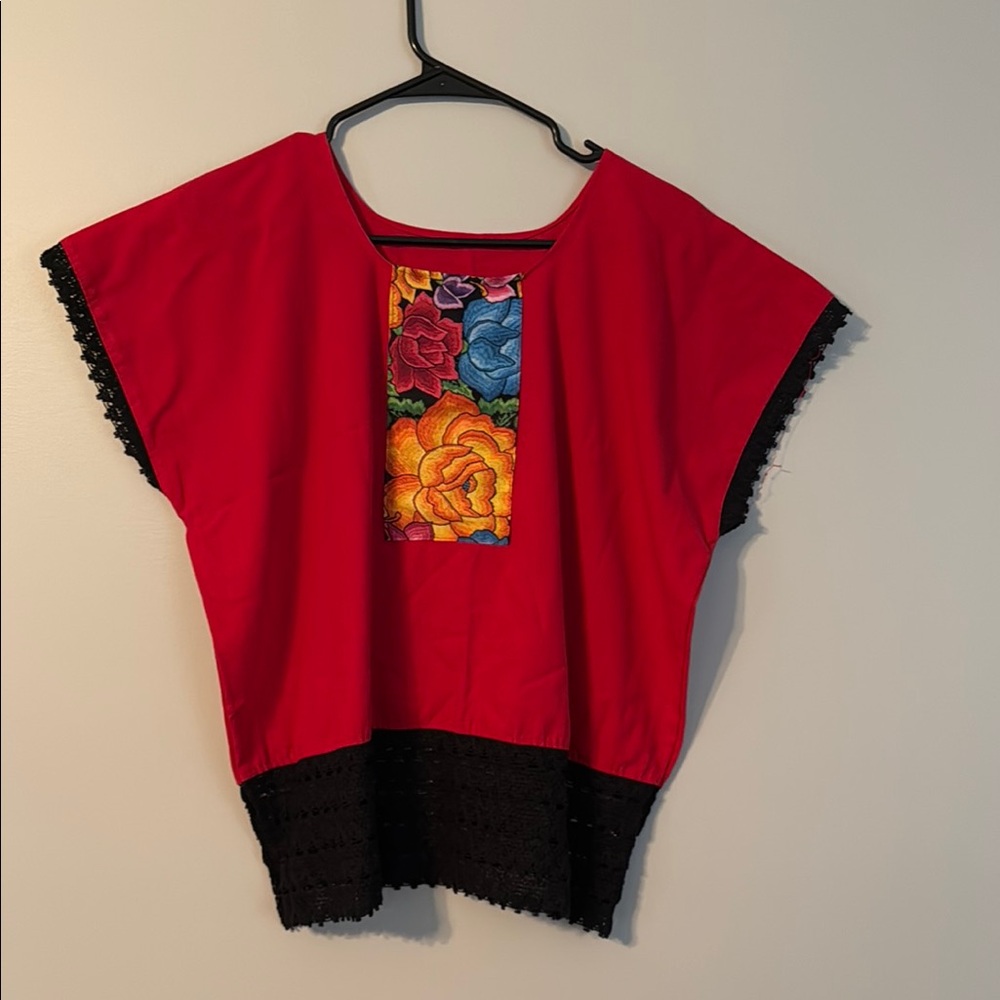 Red Floral Embroidered Women's Top